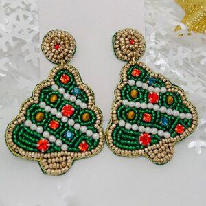 Handmade Beaded Earring Festive Tree Green Jewelry
